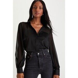 Lulus Definitely Iconic Black Satin Long Sleeve Button-up Top - Size S